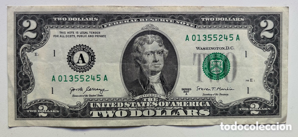 Billetes extranjeros: Billete USA 2 D&oacute;lares 2017-A . A Boston Massachusetts EEUU Estados Unidos Dollars