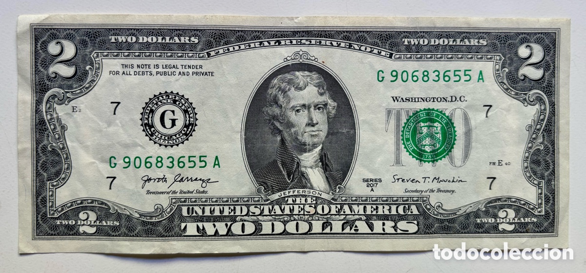 Billetes extranjeros: Billete USA 2 D&oacute;lares 2017-A. G Chicado Illinois EEUU Estados Unidos Dollars