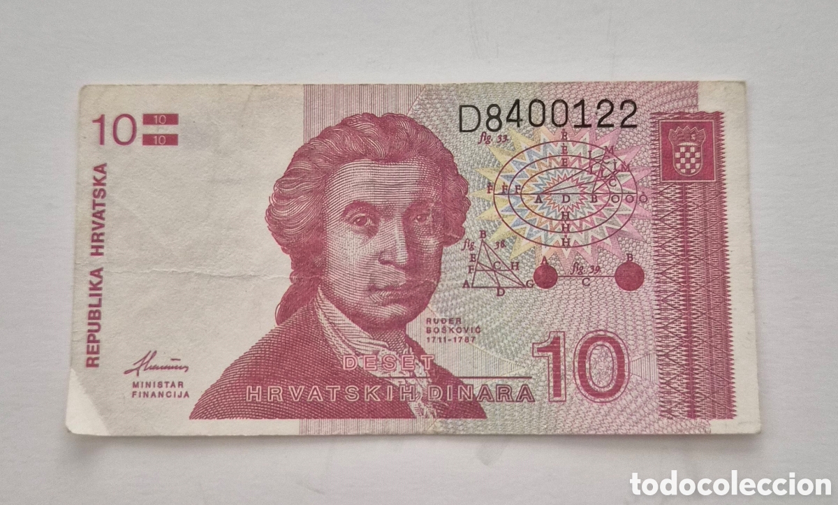 Billetes extranjeros: Billete de Croacia &ndash; 10 dinares 1991 &ndash; Ruđer Bo&scaron;ković