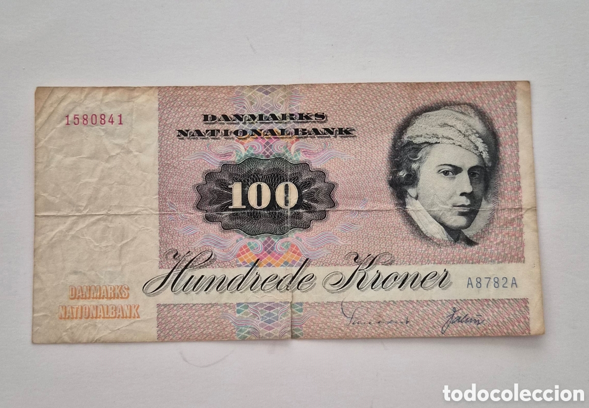 Billetes extranjeros: Billete de Dinamarca &ndash; 100 coronas 1972 &ndash; Serie A8782A &ndash; Vintage