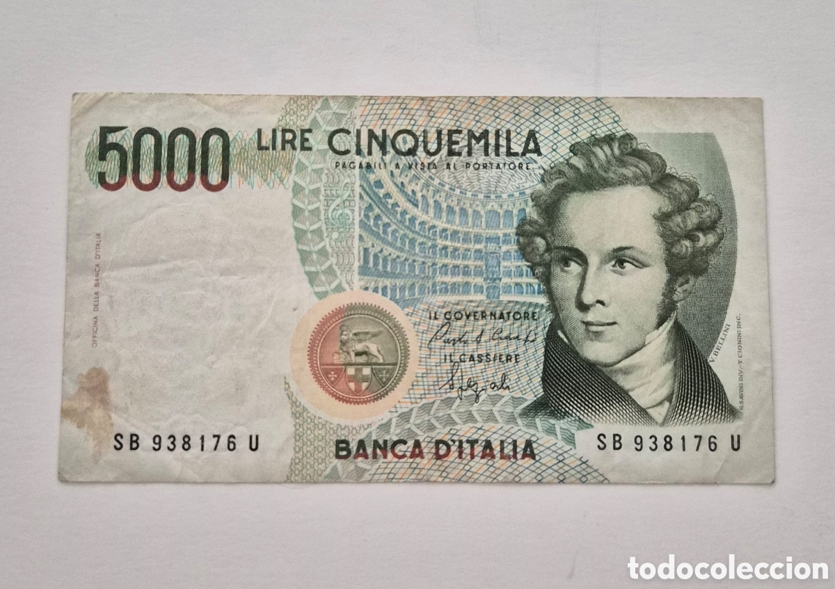 Billetes extranjeros: Billete de Italia &ndash; 5.000 liras 1985 &ndash; Vincenzo Bellini &ndash; Banco de Italia