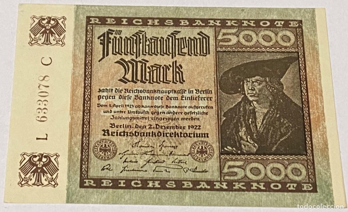 Billetes extranjeros: Billete 1922. 5000 Marcos. Berl&iacute;n, Alemania. Marca G D. SC. Rep&uacute;blica de Weimar. Sin Circular. Origi