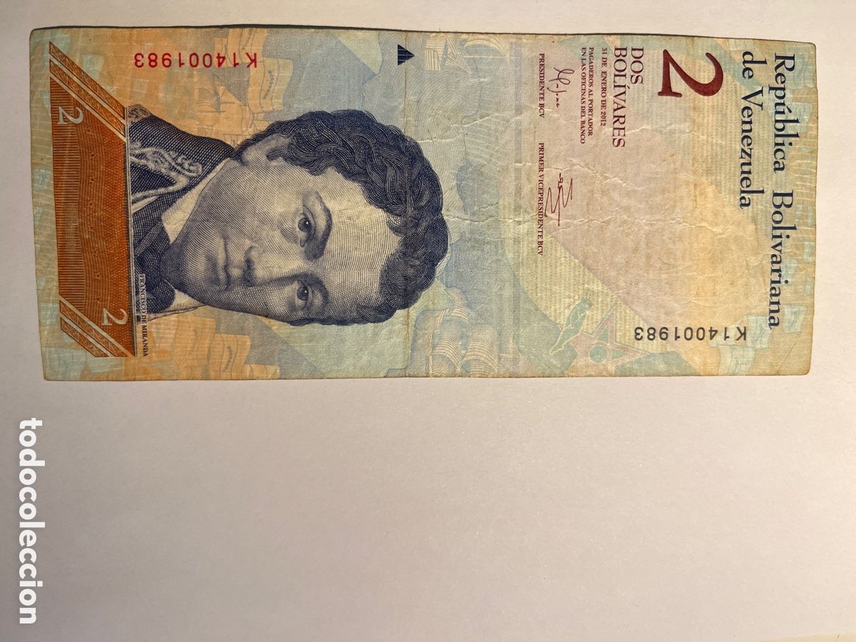 Billetes extranjeros: BILLETE. Venezuela. Dos 2 bol&iacute;vares. 2007. Serie K. usado. Francisco de Miranda.
