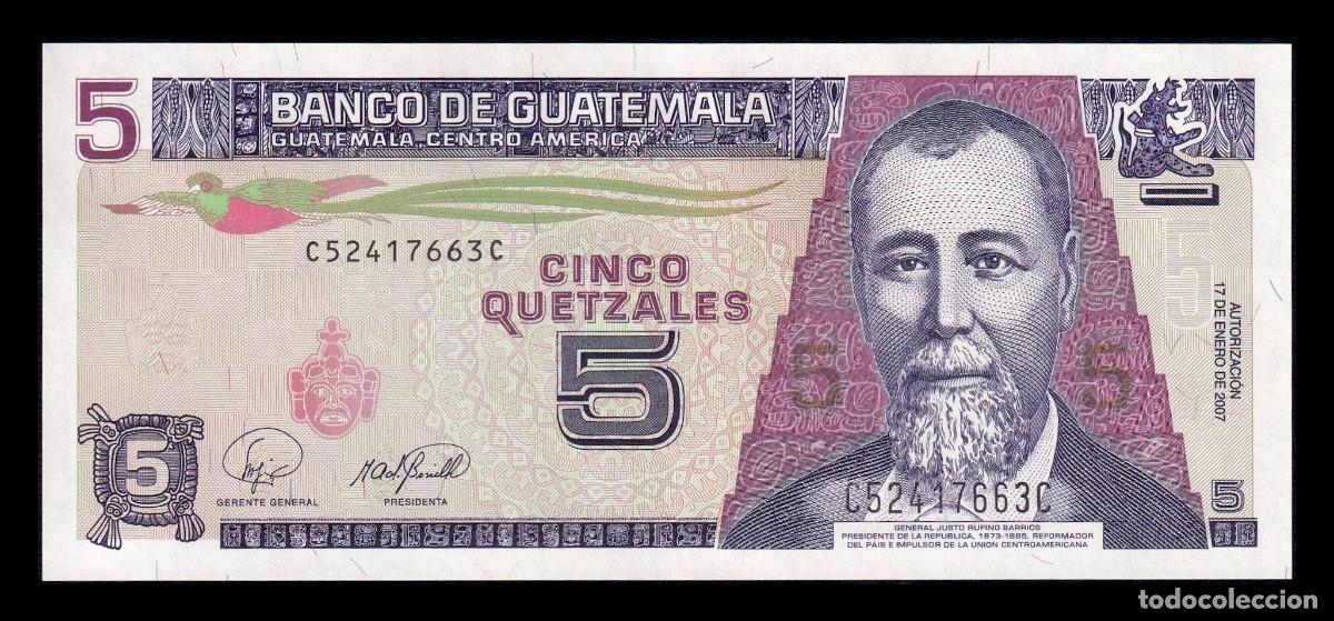 Billetes extranjeros: Guatemala 5 Quetzales Justo Rufino Barrios 2007 Pick 106c Sc Unc