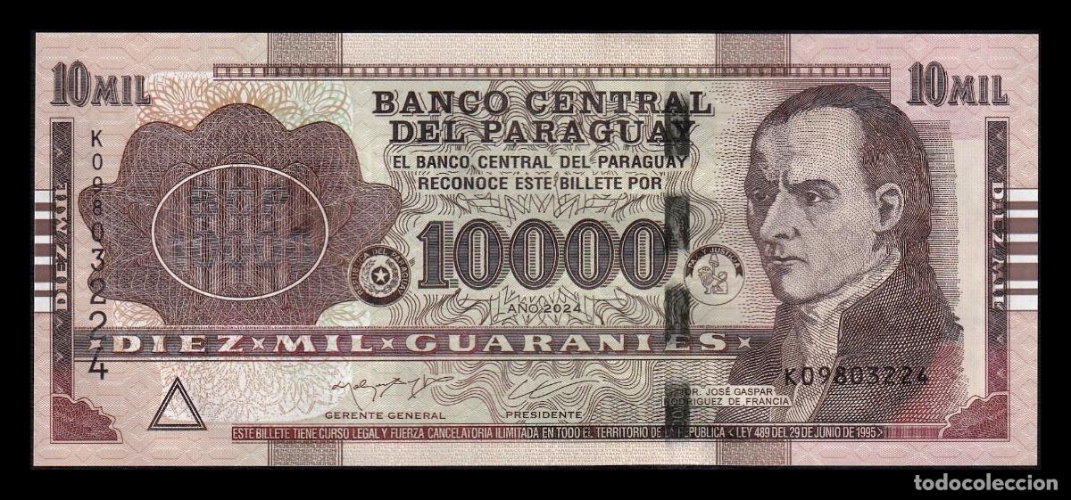 Billetes extranjeros: Paraguay 10000 Guaran&iacute;es Jos&eacute; Gaspar Rodr&iacute;guez 2024 Pick A238d Serie K Sc Unc