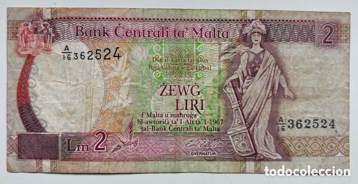 Billetes extranjeros: Billete MALTA 2 Liras 1967 (1994). Liri