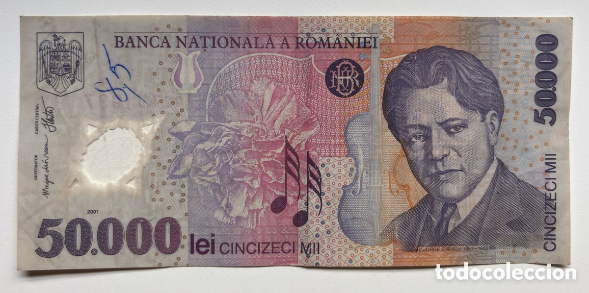 Billetes extranjeros: Billete RUMAN&Iacute;A 50000 Le&iacute; 2001. Tinta. Romania