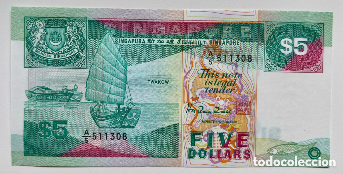 Billetes extranjeros: Billete SINGAPUR 5 D&oacute;lares (1997 SC. Singapore Dollars