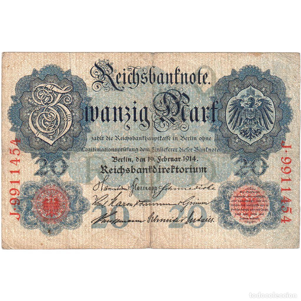 Billetes extranjeros: [#1235112] Billete, 20 Mark, 1914, Alemania, KM:46b, BC+