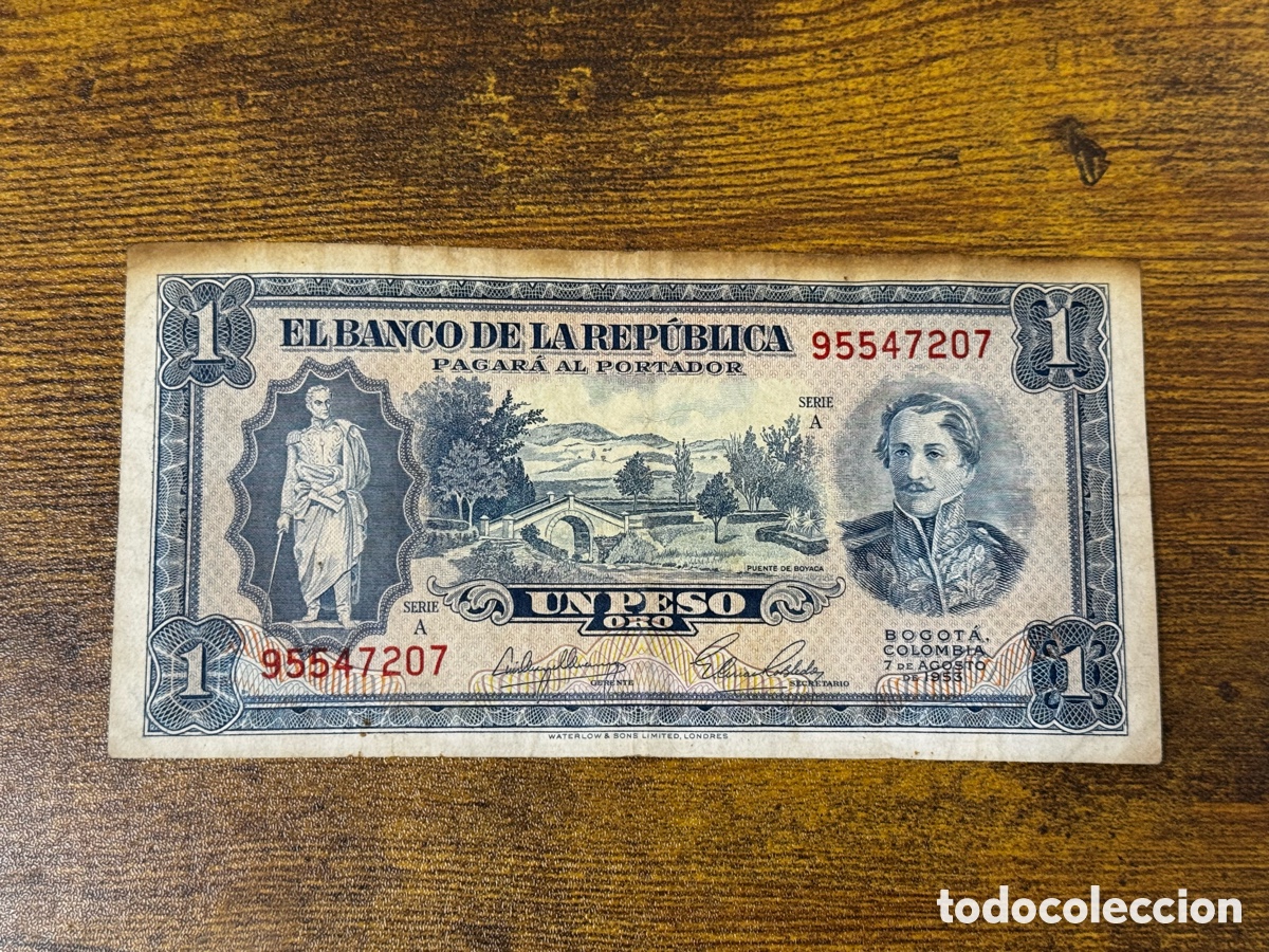 Billetes extranjeros: Billete de 1 peso de oro 1953 Colombia. Circulado
