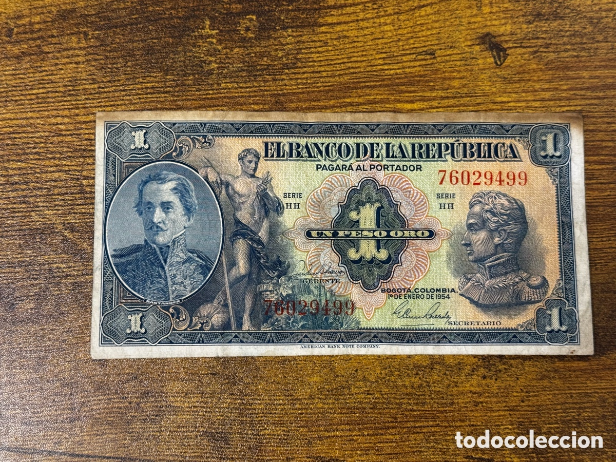 Billetes extranjeros: Billete 1 peso oro 1954 Colombia