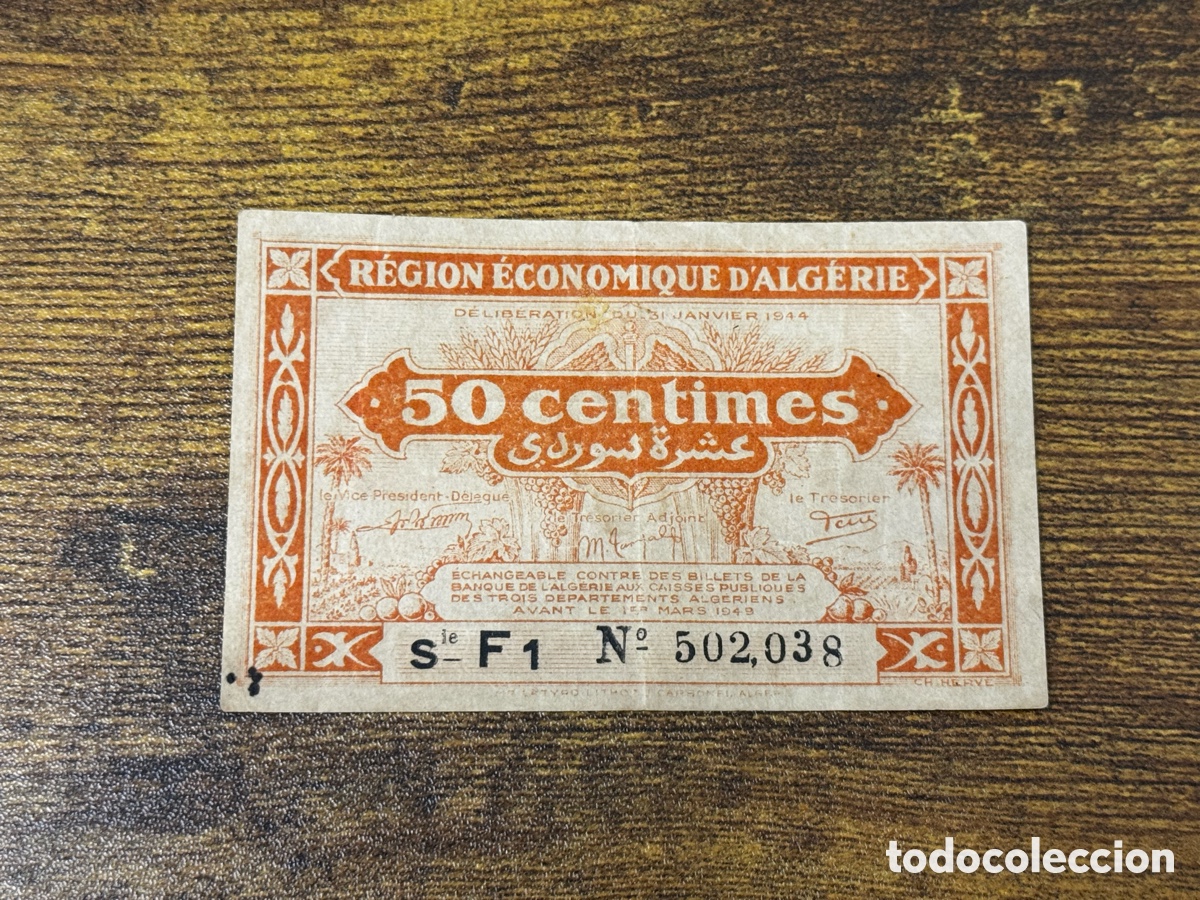 Billetes extranjeros: Billete de 50 centimos Algeria 1944. Circulado - Foto 1