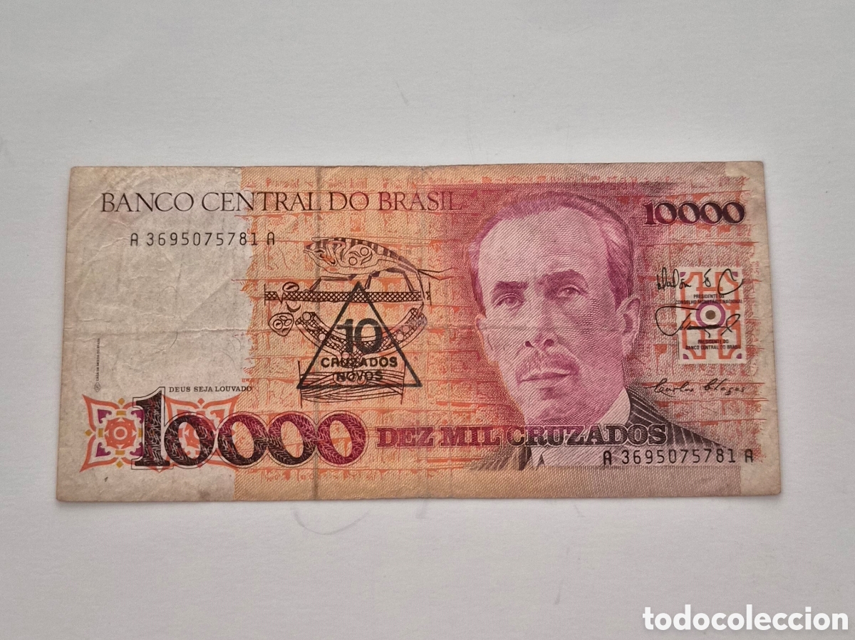 Billetes extranjeros: Billete de Brasil &ndash; 10.000 cruzados &ndash; Carlos Chagas &ndash; Resellado 10 cruzados nuevos