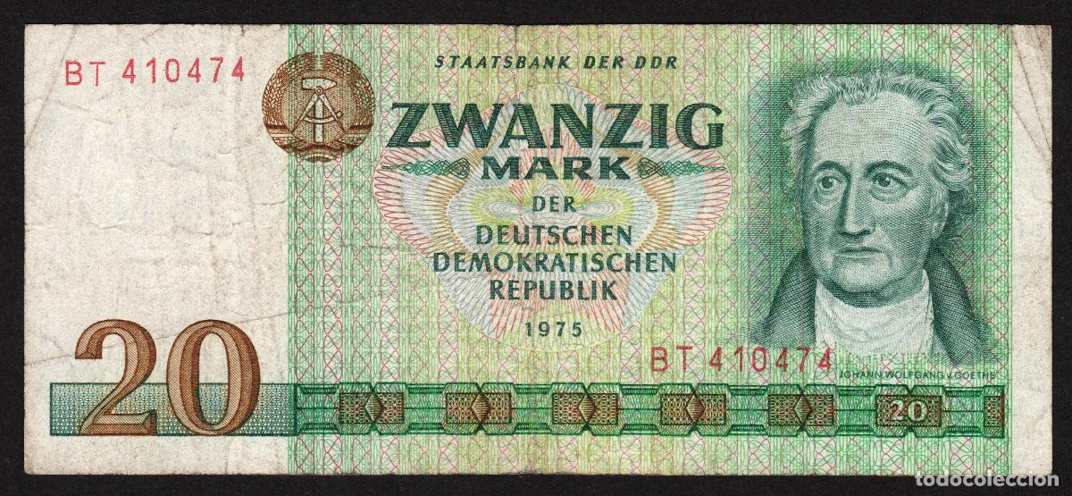 Notas Internacionais: ALEMANIA (ORIENTAL, DDR). 20 mark 1975. Pick 29 a. Letras y numeros anchos (6 dijitos).