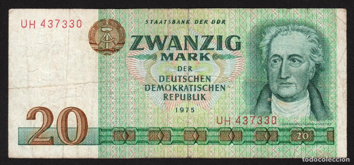 Notas Internacionais: ALEMANIA (ORIENTAL, DDR). 20 mark 1975. Pick 29 a. Letras y numeros anchos (6 dijitos).