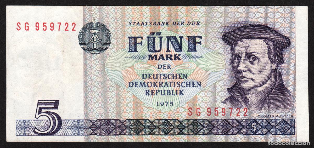Notas Internacionais: ALEMANIA (ORIENTAL, DDR). 5 mark 1975. Pick 28 b. Letras y numeros estrechos.