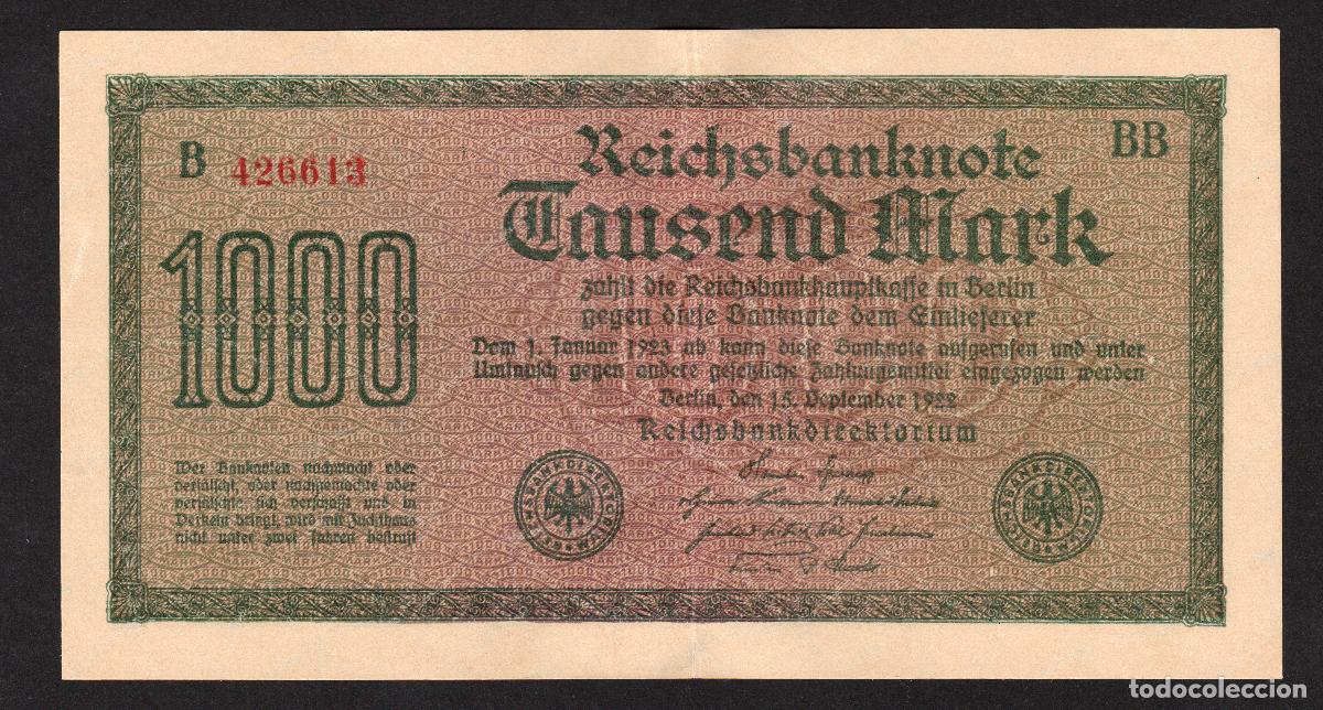 Notas Internacionais: ALEMANIA. 1000 mark 15.9.1922. Pick 76. Ver color papel, tipo, tama&ntilde;o letra, prefijo, etc...