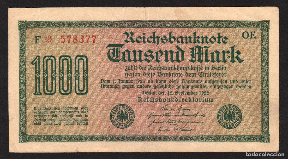 Notas Internacionais: ALEMANIA. 1000 mark 15.9.1922. Pick 76. Ver color papel, tipo, tama&ntilde;o letra, prefijo, etc...