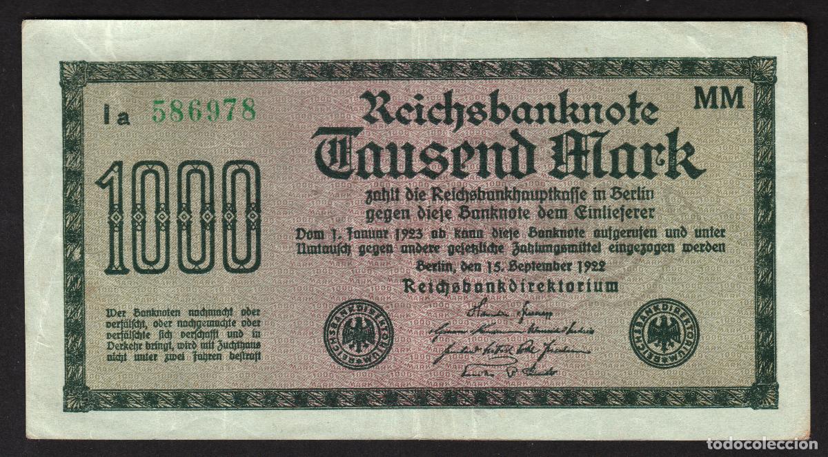 Notas Internacionais: ALEMANIA. 1000 mark 15.9.1922. Pick 76. Ver color papel, tipo, tama&ntilde;o letra, prefijo, etc...