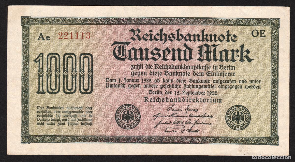 Notas Internacionais: ALEMANIA. 1000 mark 15.9.1922. Pick 76. Ver color papel, tipo, tama&ntilde;o letra, prefijo, etc...