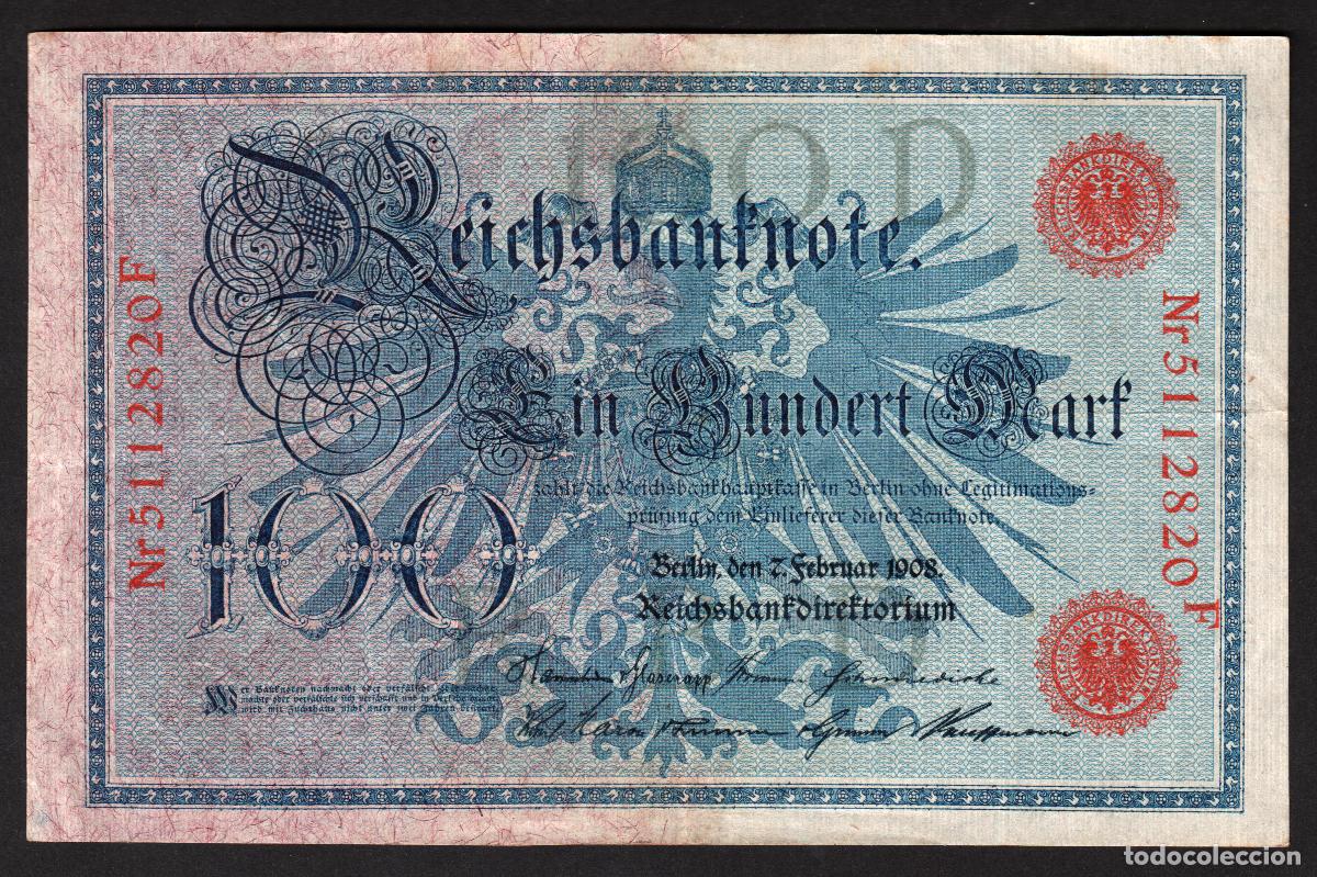 Notas Internacionais: ALEMANIA (Imperio). 100 mark 7.2.1908. Pick 33. Numero de serie en rojo.