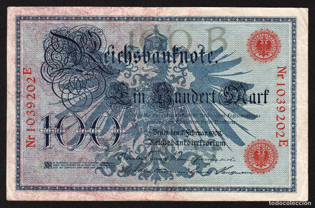 Notas Internacionais: ALEMANIA (Imperio). 100 mark 7.2.1908. Pick 33. Numero de serie en rojo.