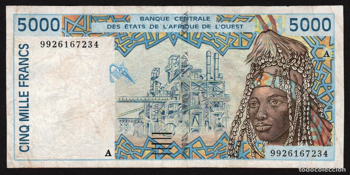 Billetes extranjeros: ESTADOS DE AFRICA OCCIDENTAL. Costa de Marfil (Letra A). 5000 FRANCOS 1999.