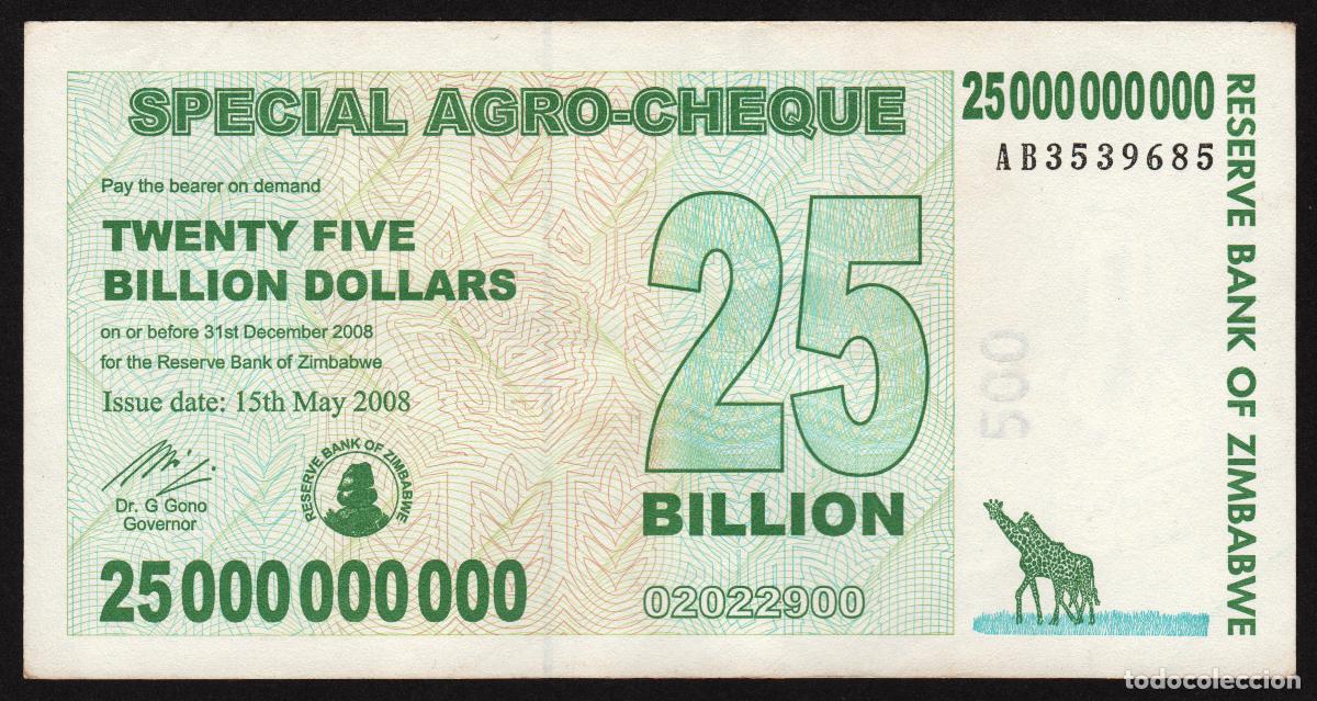 Billetes extranjeros: ZIMBABWE. 25 billiones de dolares 2008. Pick 62.