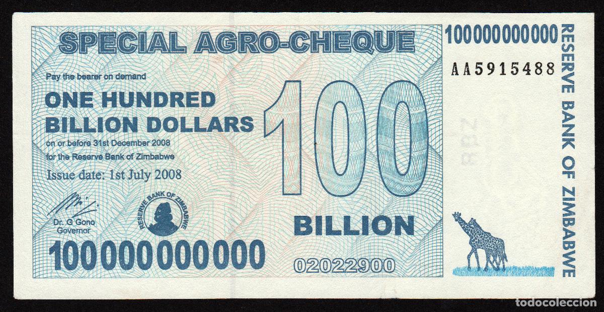 Billetes extranjeros: ZIMBABWE. 100 billiones de dolares 2008. Pick 64.