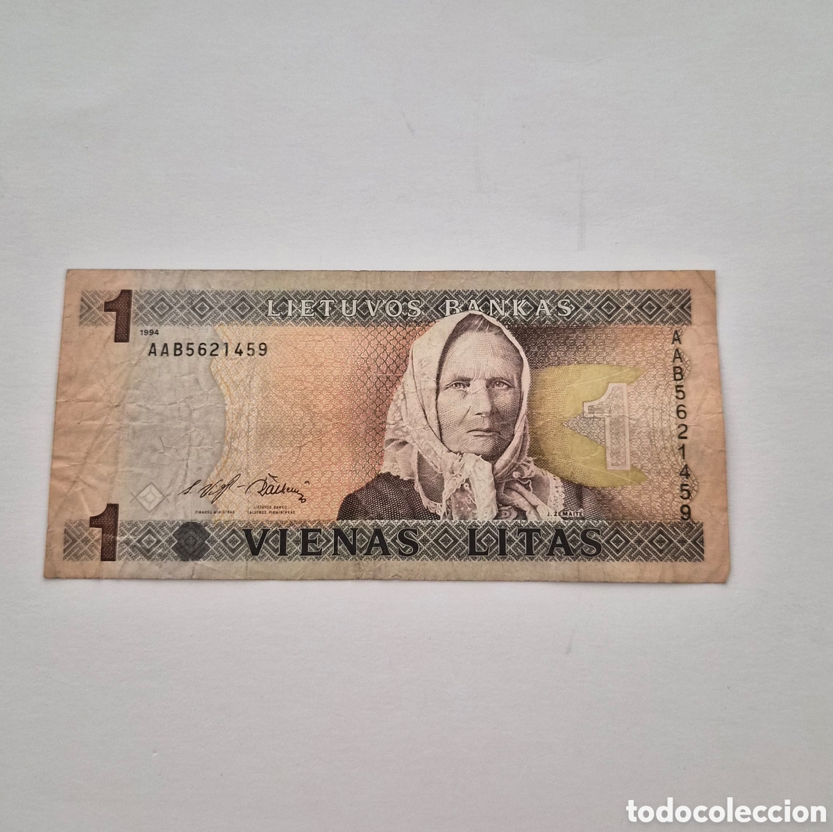 Billetes extranjeros: Billete de Lituania &ndash; 1 litas 1994 &ndash; Julija Žemaitė