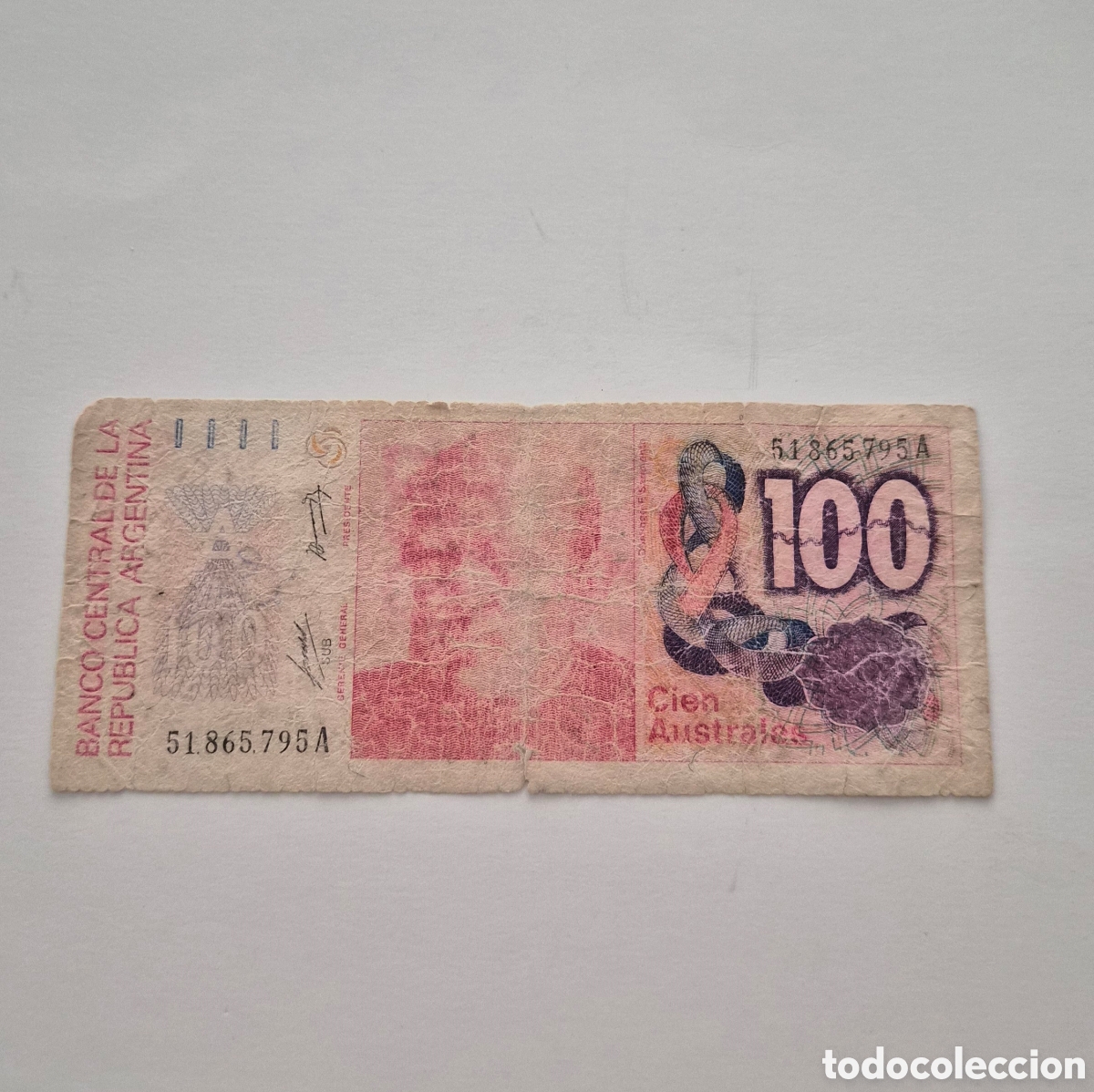 Billetes extranjeros: Billete de Argentina &ndash; 100 australes &ndash; Banco Central &ndash; Rep&uacute;blica Argentina