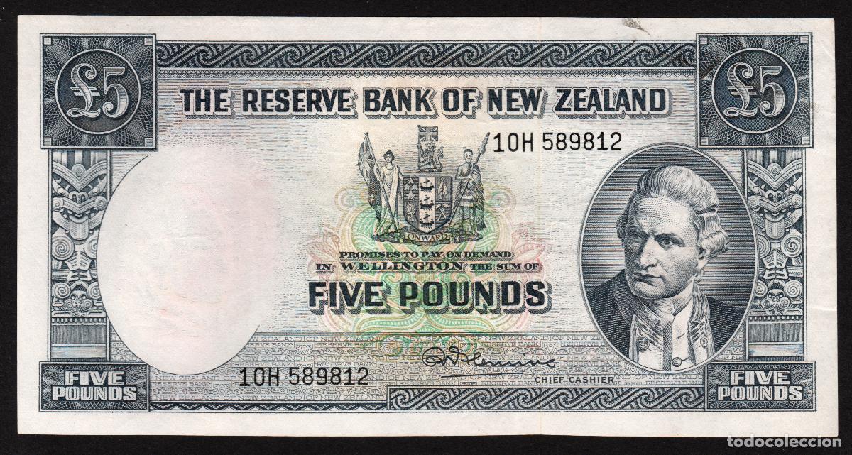 Internationale Banknoten: Nueva Zelanda. 5 pounds S/F (1960-67). Pick 160 d. Firma - R.N.Fleming. James Cook.