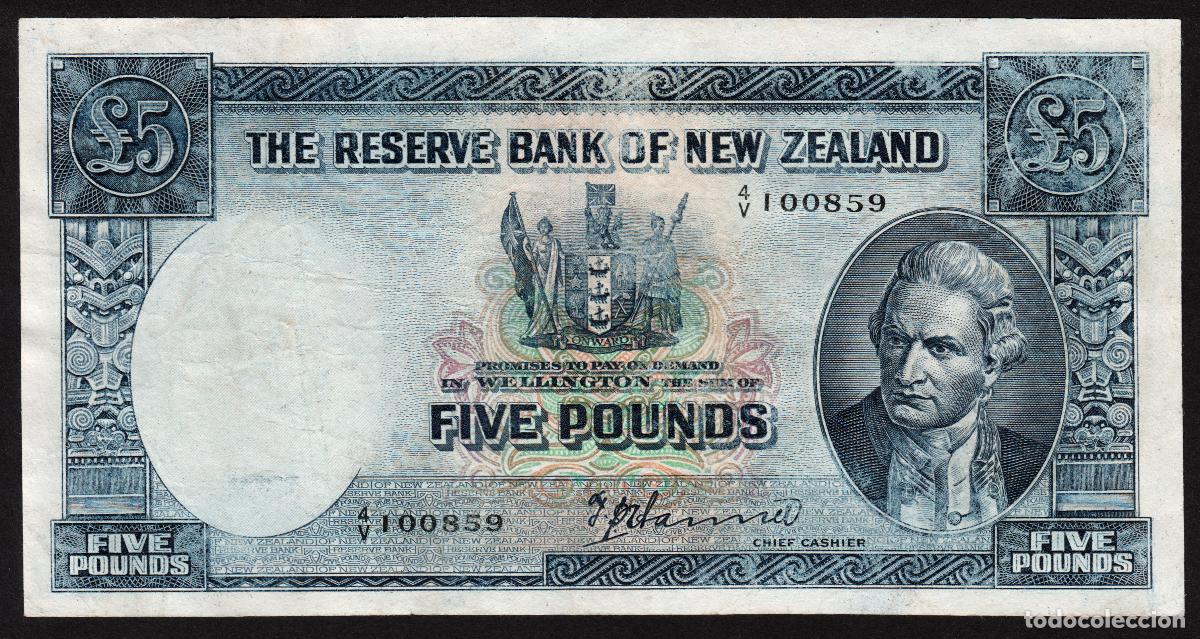 Internationale Banknoten: Nueva Zelanda. 5 pounds S/F (1940-55). Pick 160 a. Firma - T.P.Hanna. James Cook.
