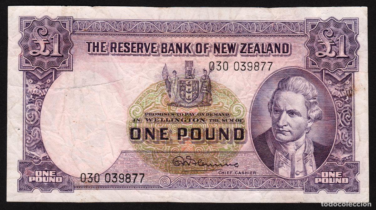 Internationale Banknoten: NUEVA ZELANDA. 1 pound (1956-60). Pick 159 c. Fleming sin hilo de seguridad. Capit&aacute;n J. Cook Velero.