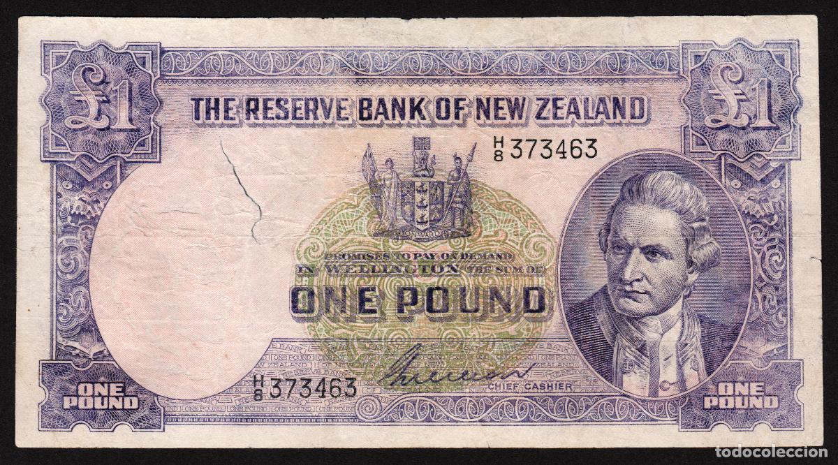 Internationale Banknoten: NUEVA ZELANDA. 1 pound (1955-56). Pick 159 b. Firma - G.Wilson. Capit&aacute;n J. Cook. Velero.
