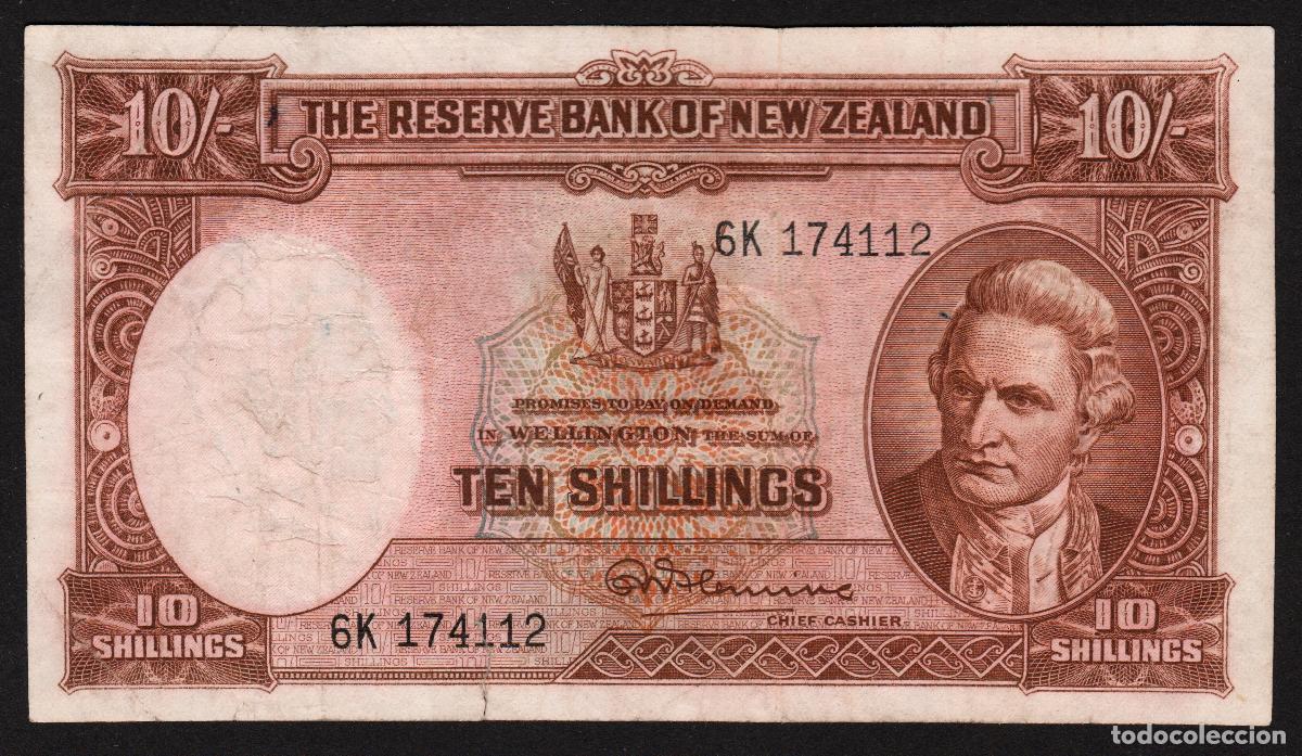 Internationale Banknoten: NUEVA ZELANDA. 10 shillings (1960-1967). Pick 158c. Capitan J.Cook. Firma - Fleming, con hilo.