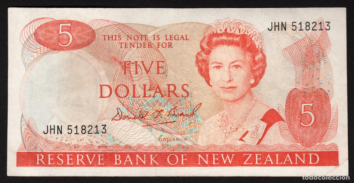 Billetes extranjeros: NUEVA ZELANDA (NEW ZEALAND). 5 $ (1989-1992). Pick 171 c. Isabel II, fauna, ave. Firma - Brash.