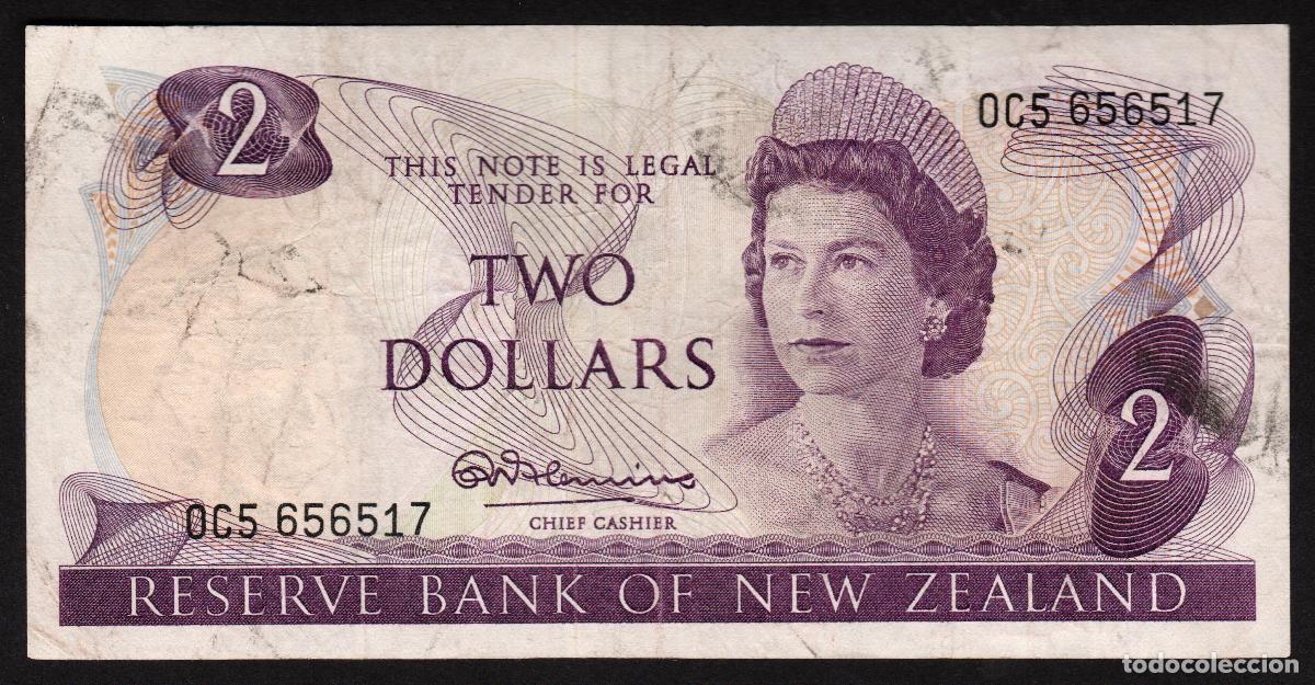 Billetes extranjeros: NUEVA ZELANDA (NEW ZEALAND). 2 $ (1967-1968). Pick 164 a. Isabel II, fauna, ave. Firma - Fleming.