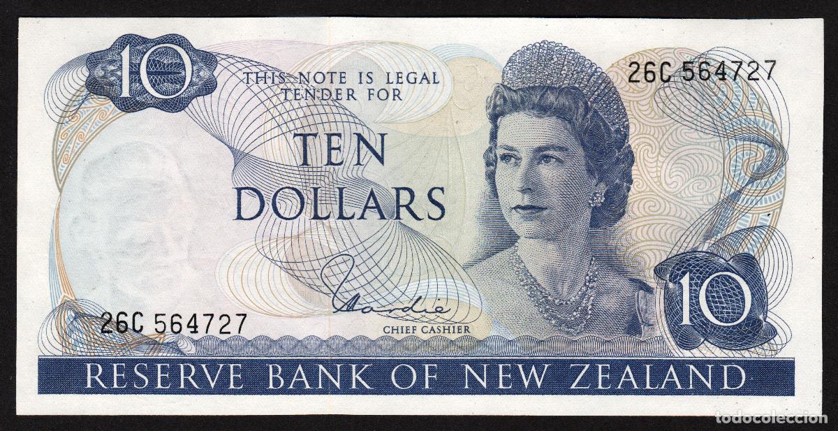 Internationale Banknoten: NUEVA ZELANDA (NEW ZEALAND). 10 $ (1977-1981). Pick 166 d. Isabel II, fauna, ave. Firma - Hardie.