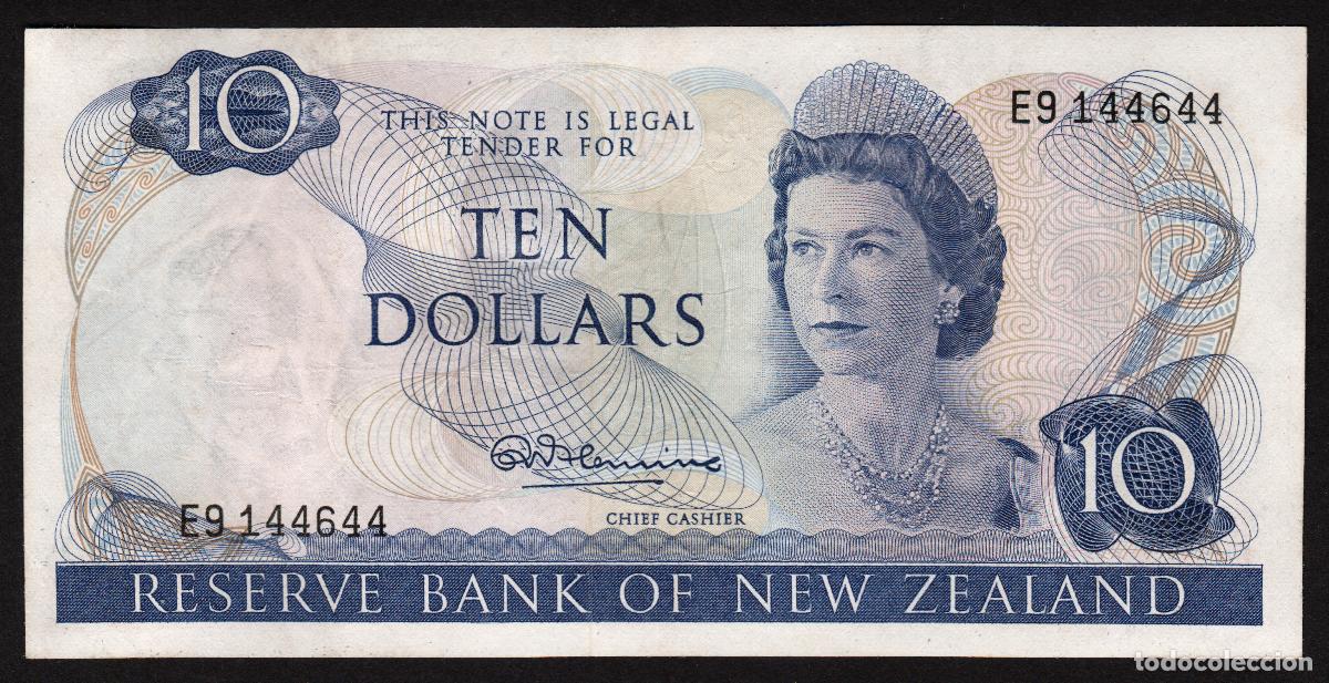 Internationale Banknoten: NUEVA ZELANDA (NEW ZEALAND). 10 $ (1967-1968). Pick 166 a. Isabel II, fauna, ave. Firma - Fleming