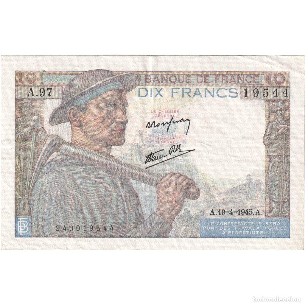 Billetes extranjeros: [#1235188] Francia, 10 Francs, Mineur, 1945-04-19, A.97, BC+