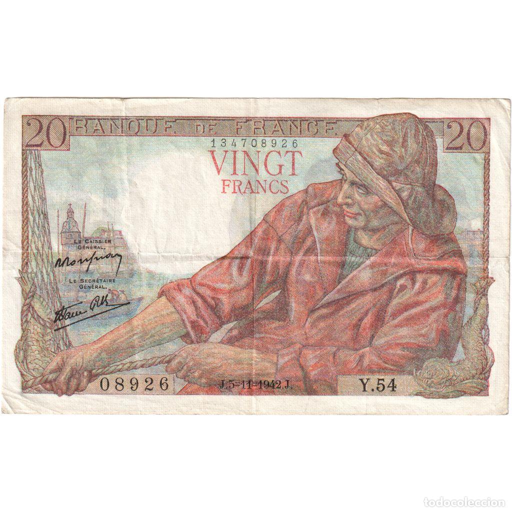 Billetes extranjeros: [#1235197] Francia, 20 Francs, P&ecirc;cheur, 1942-11-05, Y.54, MBC