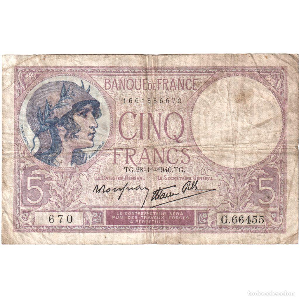 Billetes extranjeros: [#1235205] Francia, 5 Francs, Violet, 1940-11-28, G.66455, BC+