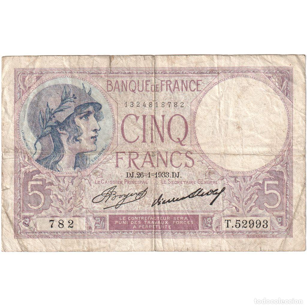 Billetes extranjeros: [#1235202] Francia, 5 Francs, Violet, 1933-01-26, T.52993, BC+