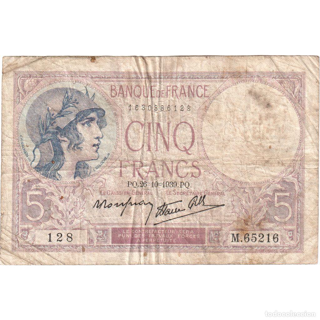 Billetes extranjeros: [#1235203] Francia, 5 Francs, Violet, 1939-10-26, M.65216, BC+