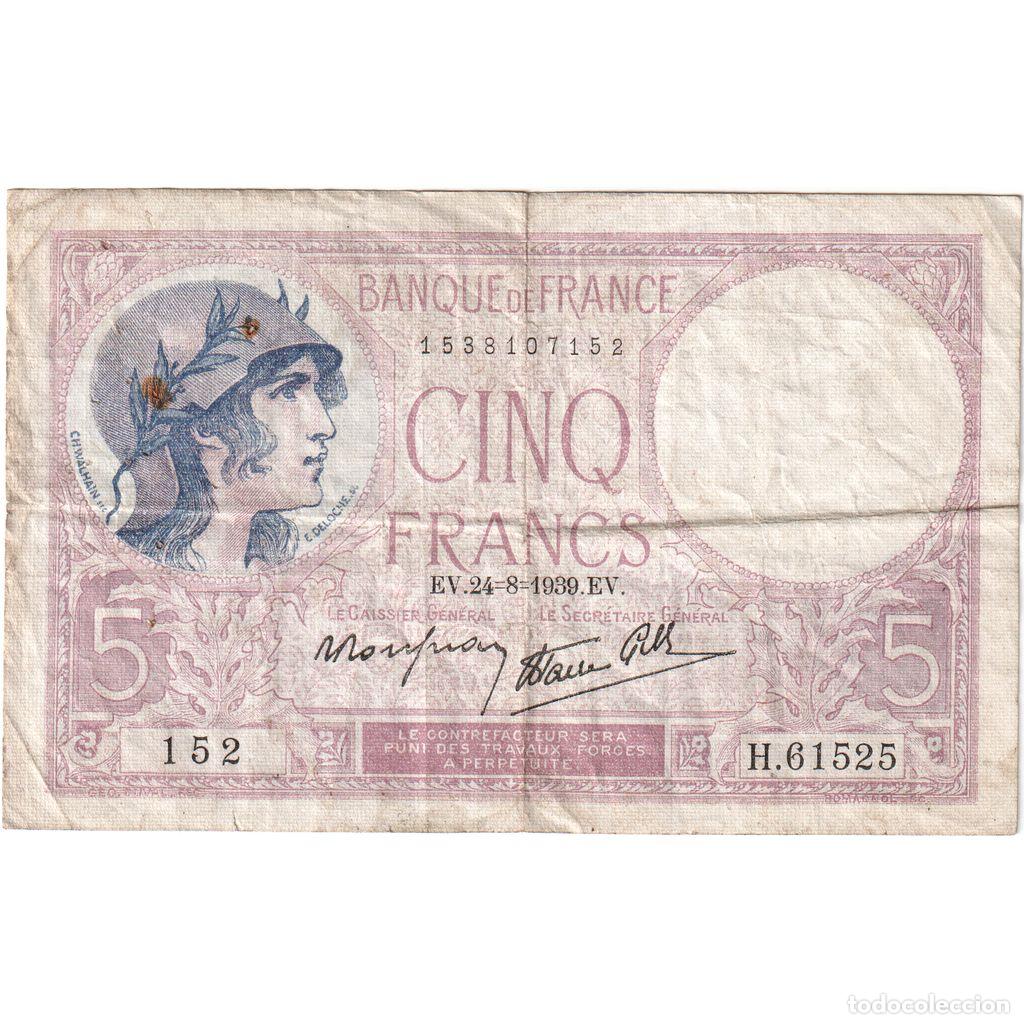 Billetes extranjeros: [#1235208] Francia, 5 Francs, Violet, 1939-08-24, H.61525, BC+