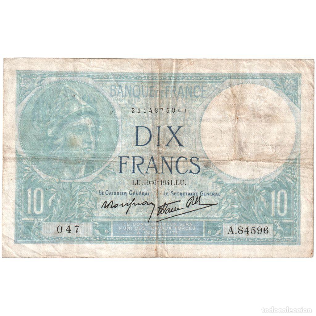 Billetes extranjeros: [#1235213] Francia, 10 Francs, 1941-06-19, A.84596, MBC