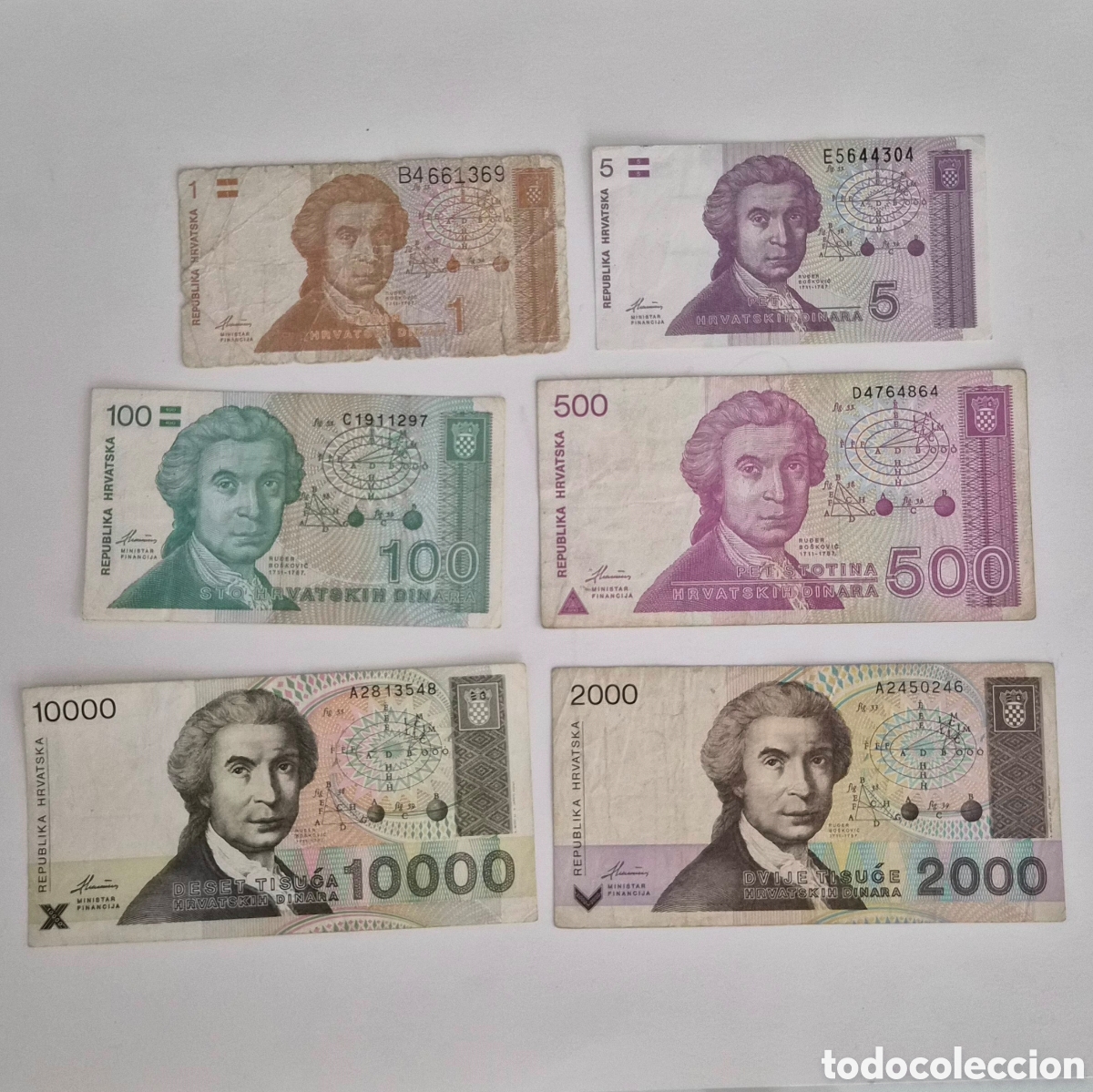 Billetes extranjeros: Lote de 6 billetes de Croacia &ndash; 1991-1992 &ndash; 1 a 10.000 dinares