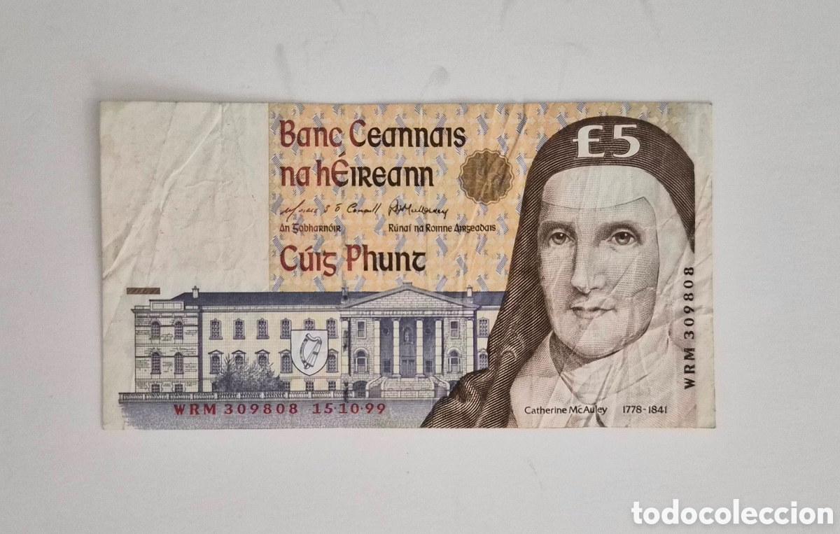 Notas Internacionais: Billete de Irlanda &ndash; 5 libras 1999 &ndash; Catherine McAuley &ndash; Banco Central de Irlanda