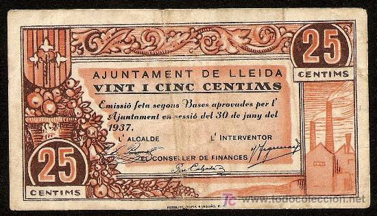 Billetes locales: LLEIDA: 25 Centimos 1937 MBC+ - Foto 1